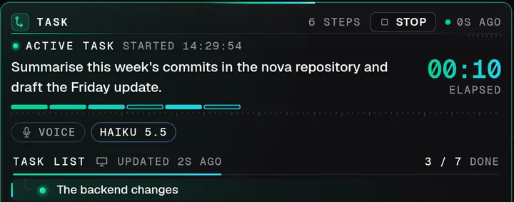 The Task panel on the Chat page of Nova Desktop: a running request with its ticking timer, the model that took it, a Stop button and the start of its task list, all made-up demo data.