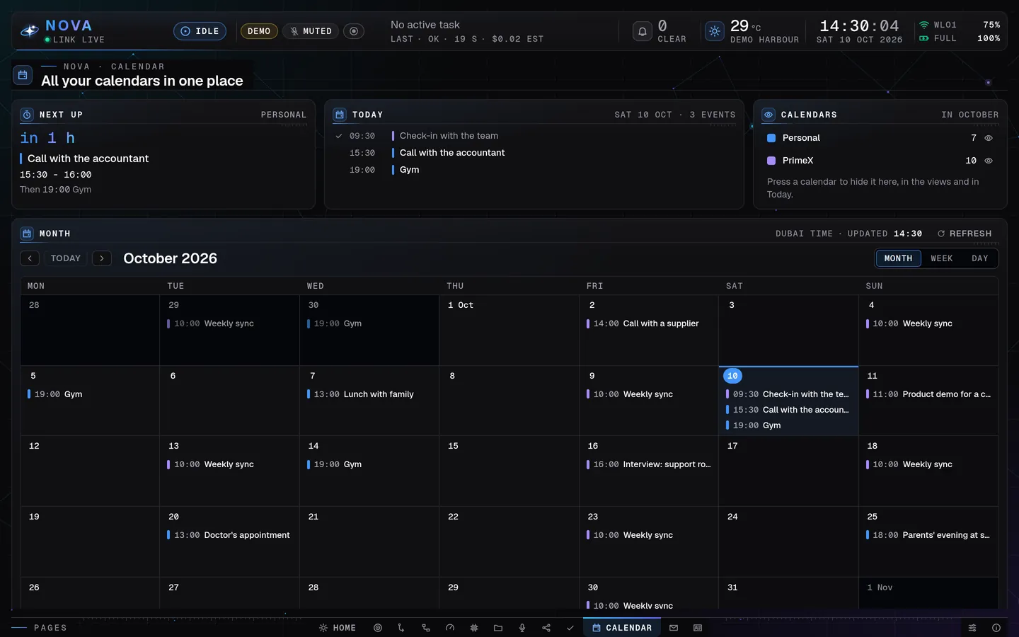Nova Desktop's Calendar page on a laptop: the next meeting in an hour, today's three events, the two calendars with their counts, then October as a month grid with every event, all made-up demo data.