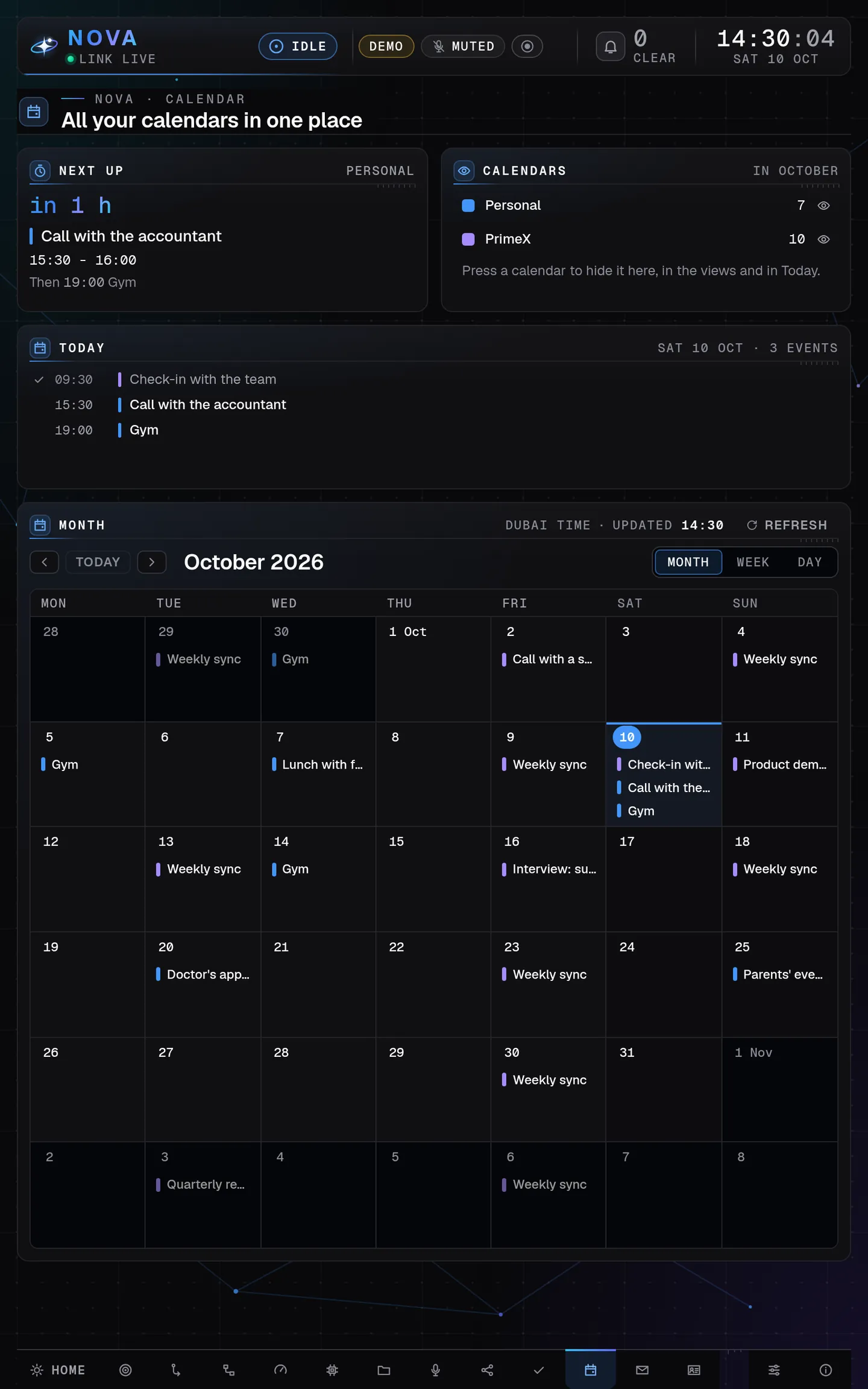Nova Desktop's Calendar page on a tablet held upright: the next meeting and the calendars side by side, today's events, then October as a month grid, all made-up demo data.