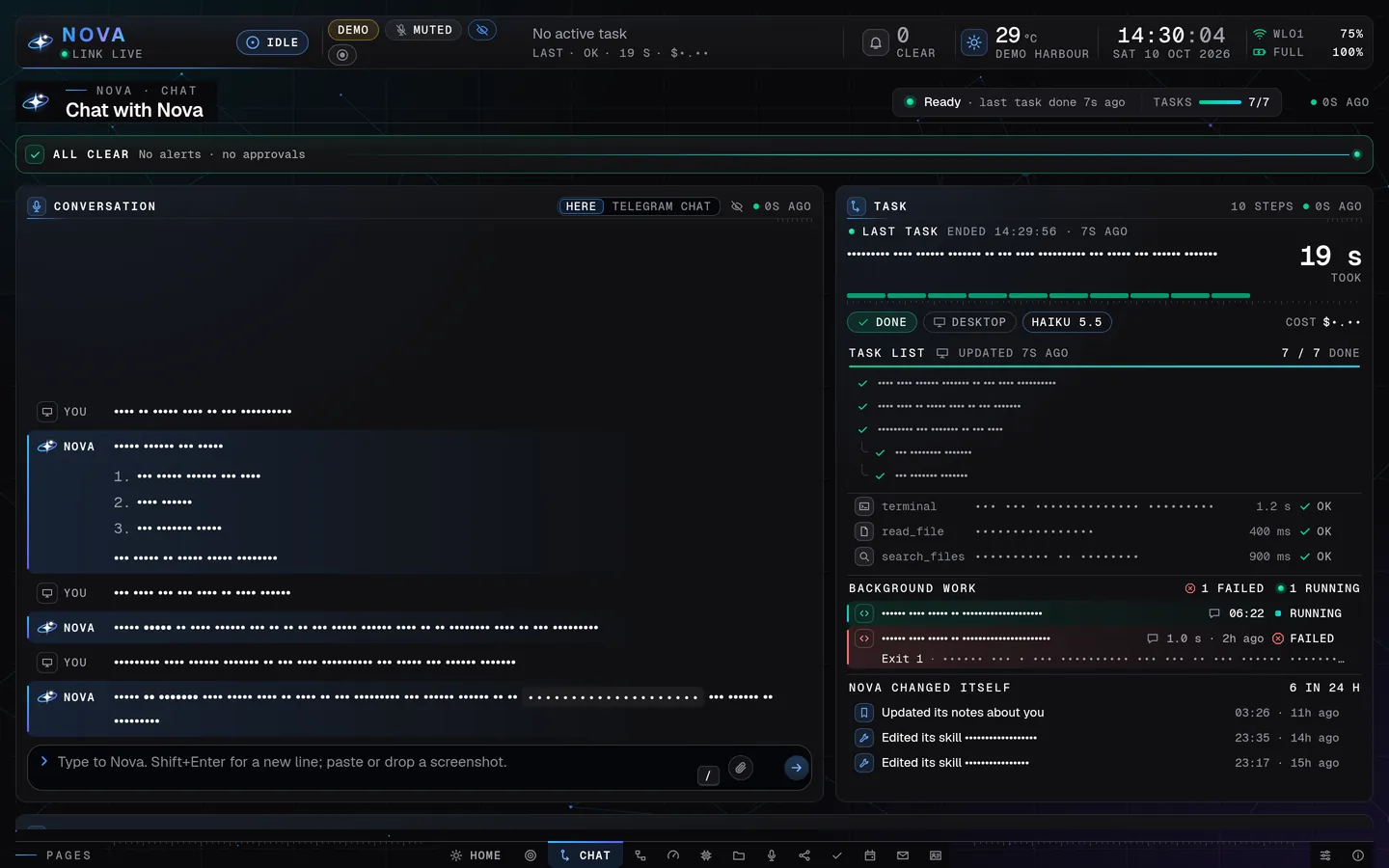 Nova Desktop's Chat page in presentation mode on a laptop: the conversation on the left; on the right the task panel with the last task's ticked task list, the tools it used, background work and the lines where Nova changed itself; private text shows as dots, all made-up demo data.