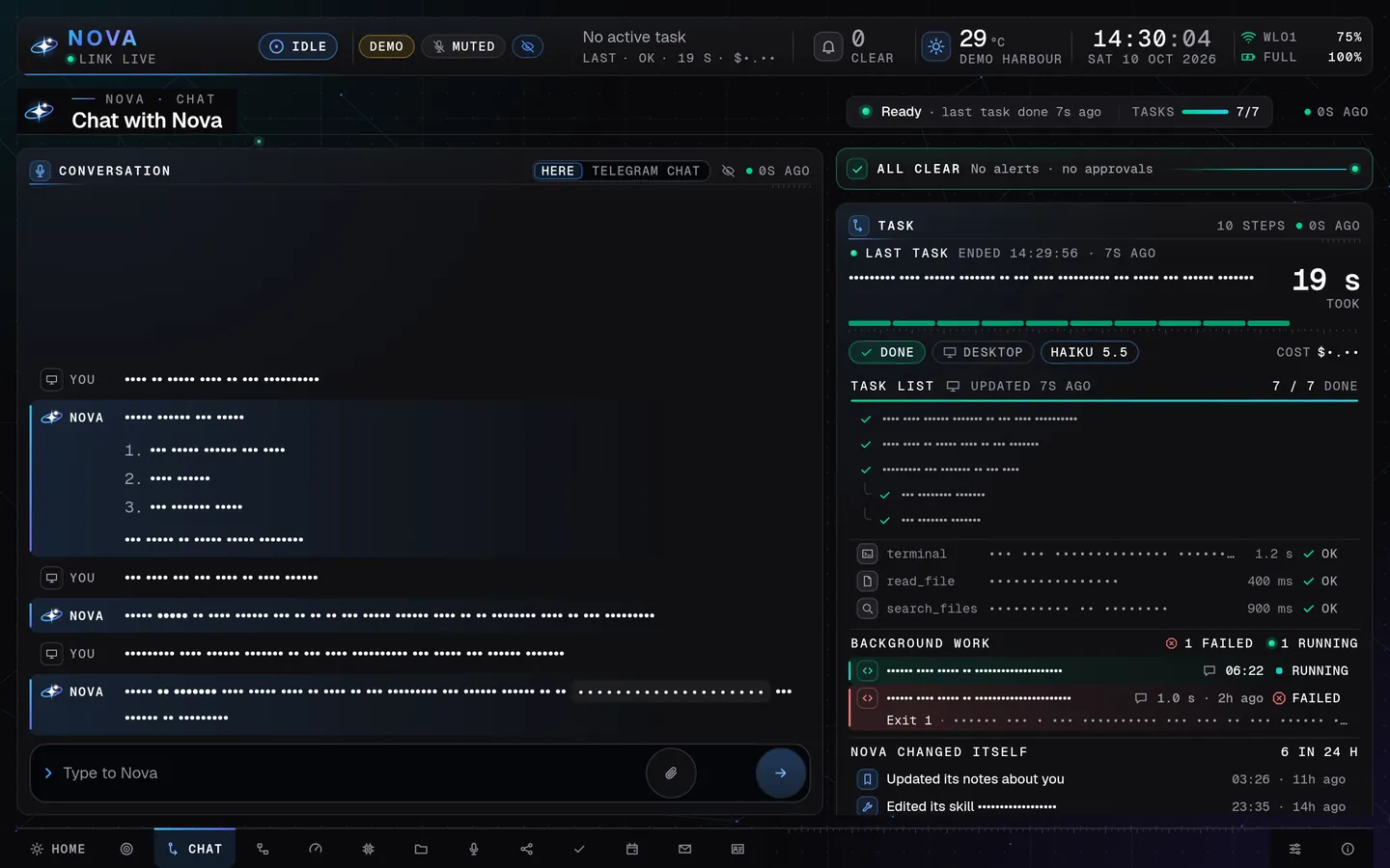 Nova Desktop's Chat page in presentation mode on a tablet turned sideways: the conversation on the left; on the right the task panel with the ticked task list, the tools it used, background work and the lines where Nova changed itself; private text shows as dots, all made-up demo data.
