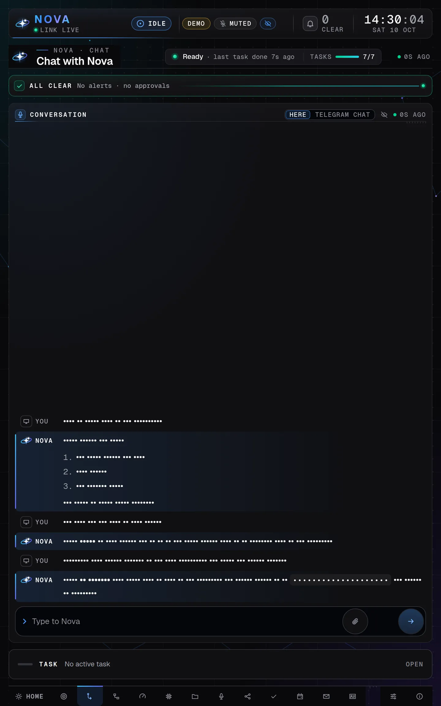 Nova Desktop's Chat page in presentation mode on a tablet held upright: the conversation fills the screen and the task panel folds into a bar below it; private text shows as dots, all made-up demo data.