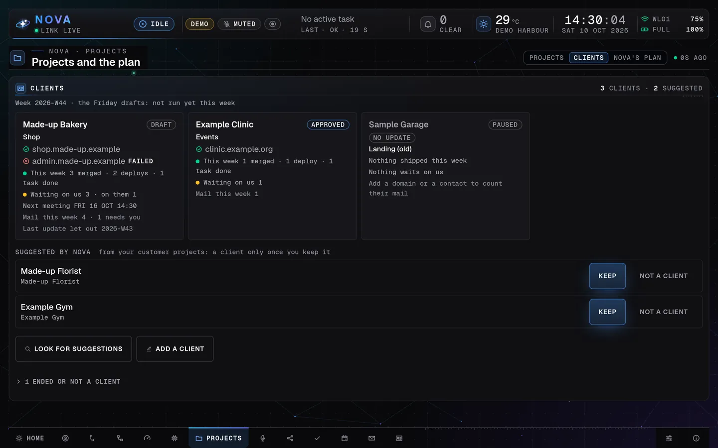 The Clients view of Nova Desktop's Projects page on a tablet turned sideways: the three made-up client cards in a row, then the two suggestions with large Keep buttons, all made-up demo data.