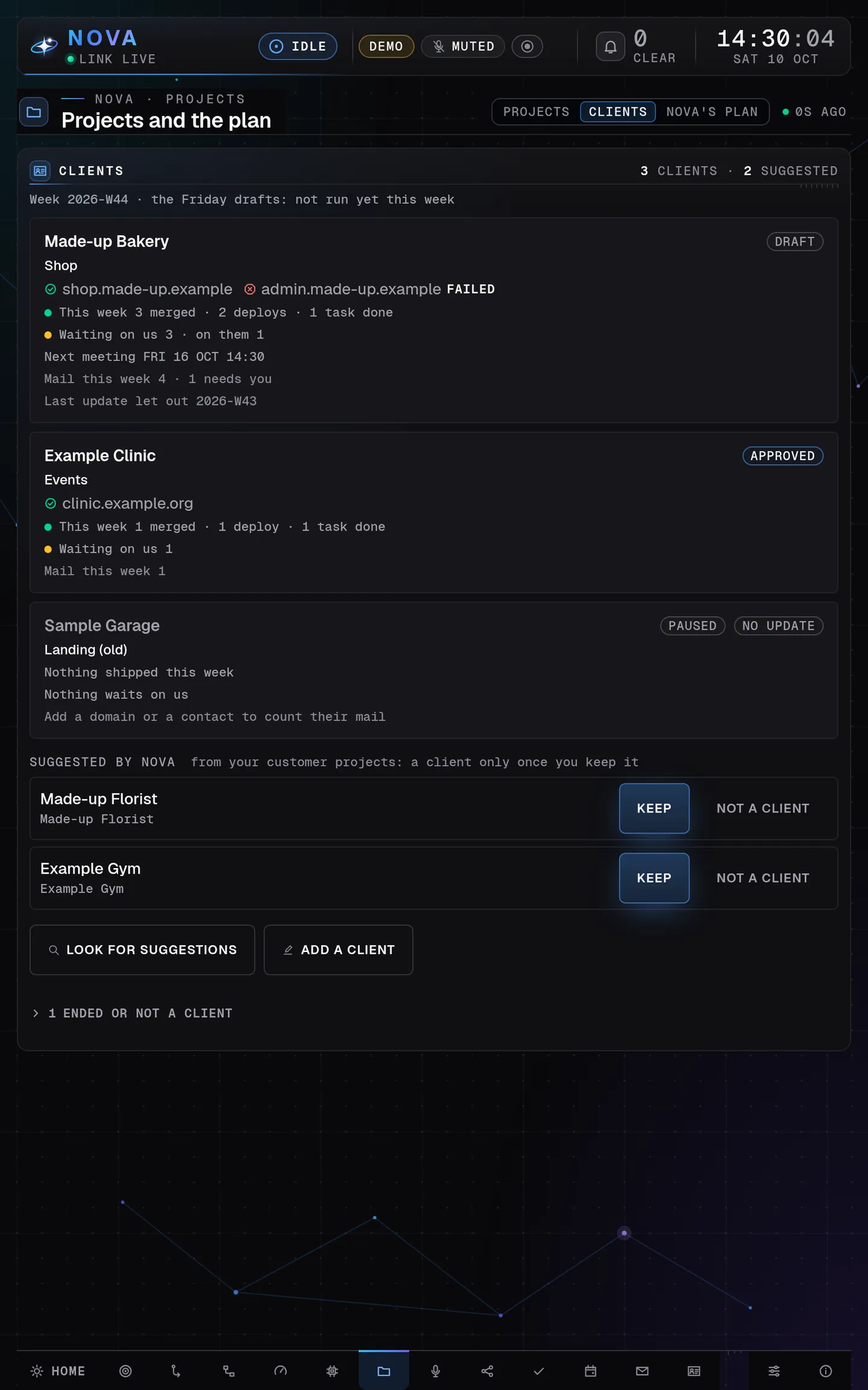 The Clients view of Nova Desktop's Projects page on a tablet held upright: the three made-up client cards one below the other, then the two suggestions with large Keep buttons, all made-up demo data.
