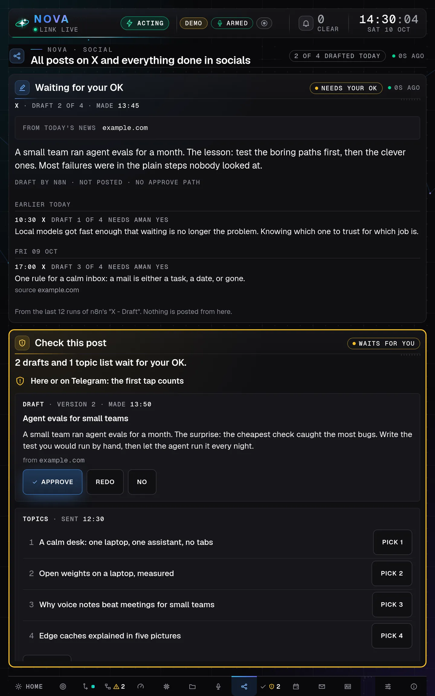 Nova Desktop's Social page on a tablet held upright: the drafts waiting for an OK, then the Check this post card with Approve, Redo and No, and the topic list with a button to pick each one, all made-up demo data.